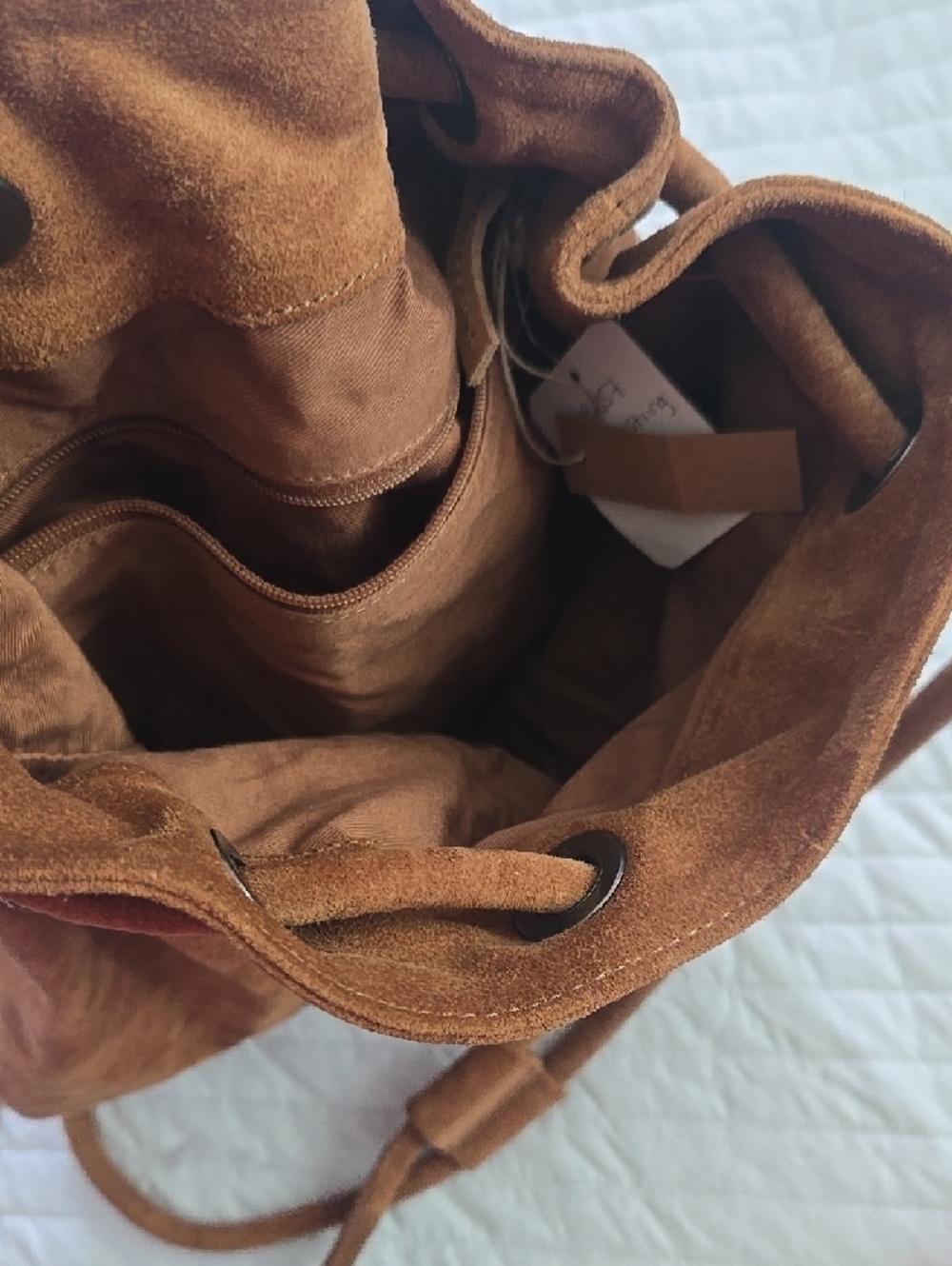 Suede Drawstring Backpack in Warm Chestnut With Side Zipper Inside Zipper NWT - Picture 3 of 5